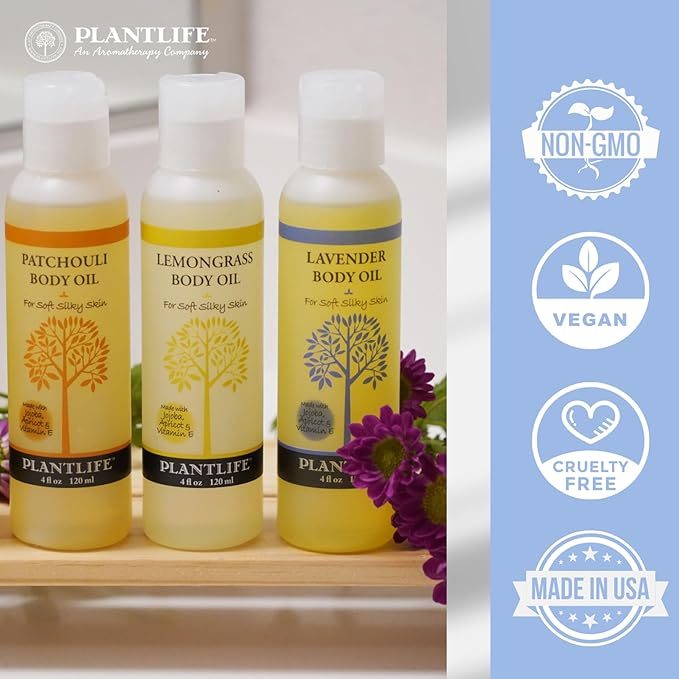 Plantlife Patchouli Body Oil - Moisturizing Natural Body Oil for All Skin Types - Nourishing Dry Skin and Making It Feel Soft and Silky for Women & Men - Bath, Body & Massage Oil - 4oz