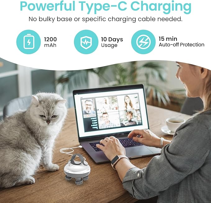 Portable Electric Scalp Massager - Rechargeable IPX7 Waterproof Heated Scalp Massager w/ 100 Kneading Nodes, 3 Speed Modes, 2 Massage Styles, 8 Claws for Scalp/Body Massage & Face Cleaning (Silver）