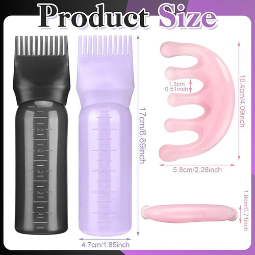 2 Pack Hair Oil Applicator Bottle for Scalp with Massage Comb,6 OZ Hair Oil Bottle with Root Comb for Scalp, Shampoo Scrubber Applicator,Hair Dye Tools(Black, purple)