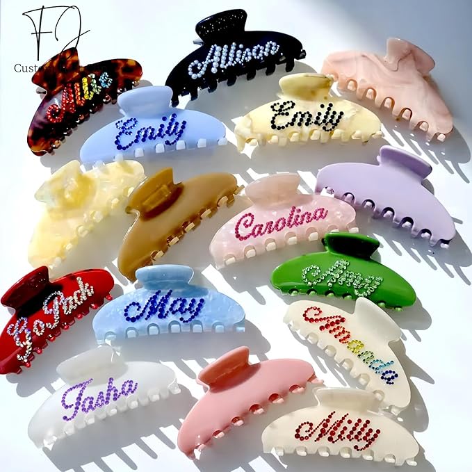 Personalized Colorful Name Hair Claw Clips for Women,Custom Hair Clips with Diamond,Cute Hair Accessories 4",Handmade Rhinestones Hair Clamp Gifts for Mom,Bride,Wife,Bridesmaid,Couples（Deep Blue）