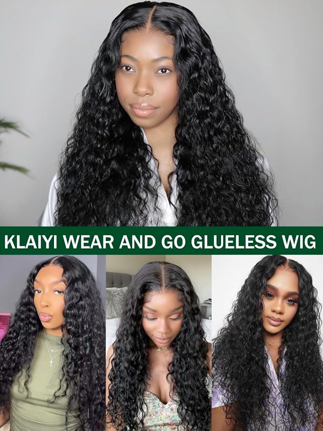 KLAIYI Water Wave Bye Bye Knots Glueless Wig Human Hair 7x5Precut Lace Front Pre Plucked Bleached Wear and Go Wig with Curly Baby Hair Drawstring 3S Ready to Go Pre Everything Beginner Friendly 28Inch