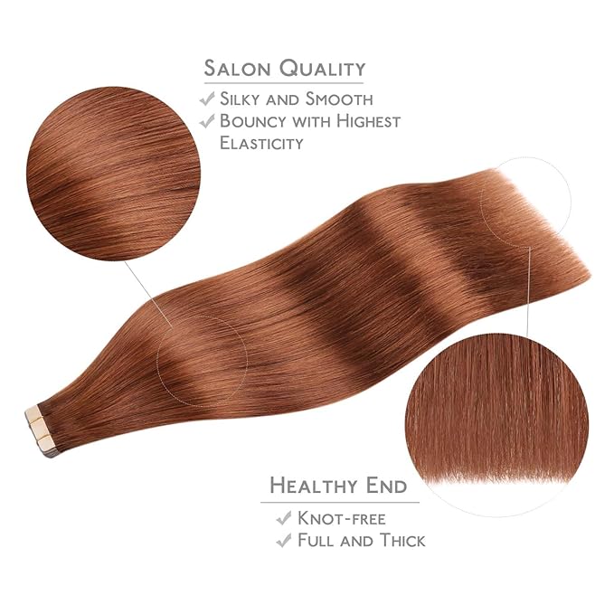 WENNALIFE Tape in Hair Extensions Human Hair, 20pcs 40g 12 inch Dark Auburn Copper Remy Hair Extensions Straight Human Hair Tape in Extensions Skin Weft Tape Extensions Human Hair