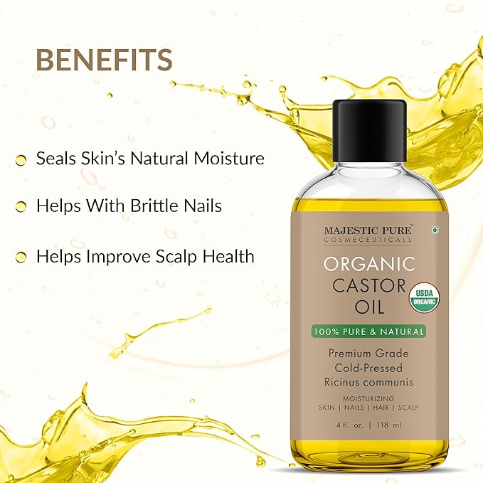 Majestic Pure USDA Organic Castor Oil - 100% Pure & Natural - Premium Grade, Cold Pressed, Hexane Free - Hair, Eyelashes, Eyebrows, Nails - Moisturizing & Nourishing - 4 Fl Oz