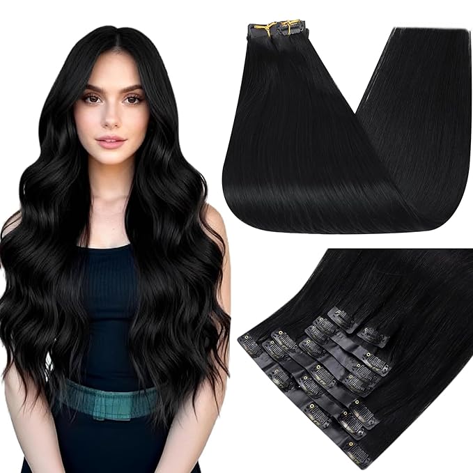 Full Shine Human Hair Clip in Extensions Black 14 Inch Seamless Hair Extensions Clip in Black Straight Invisible Human Hair Full Head Ease of Use 8 PCS 120 G