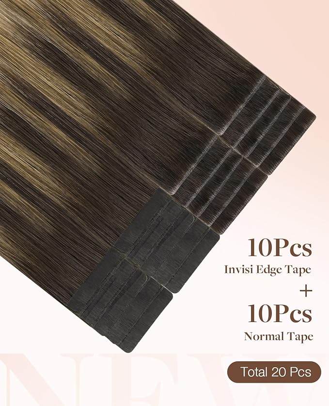 GOO GOO Invisi Edge Tape in Hair Extensions Human Hair, 2/6/18 Balayage Brown to Dirty Blonde 10pcs injected with 10pcs classical tape ins, 24inch 50g, Virgin Remy Hair, Natural Look