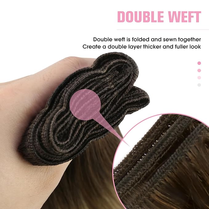 YoungSee Weft Hair Extensions Brown Balayage Human Hair Extensions Sew in Darkest Roots to Medium Brown with Blonde Balayage Double Weft Human Hair Extensions 16Inch 100G