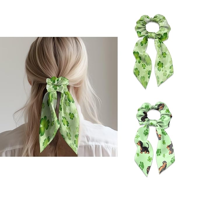 St Patricks Leaf Dachshund Hair Scarf Scrunchies for Women 2 Piece Music Note Ribbon Scrunchies for Ponytail Chic Knotted Bow No Damage Accessory