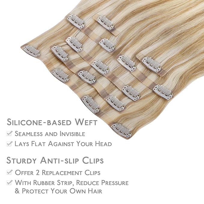 WENNALIFE Seamless Clip In Hair Extensions, 16 Inch 130g 7pcs Dirty Blonde Highlighted Bleach Blonde Hair Extensions Clip in Human Hair Invisible PU Skin Weft Natural Remy Human Hair Extensions