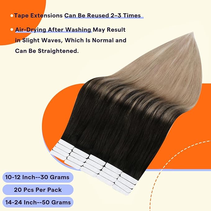 Full Shine Tape in Hair Extensions Human Hair Color 1B/18 Black to Blonde Straight Remy Double Sided Tape in Extensions Real Human Hair 16 Inch Straight Seamless Skin Weft 20PCS 50g for Wedding