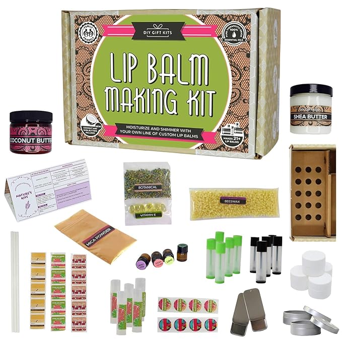 DIY Gift Kits 73-Piece DIY Lip Balm Kit | Includes All Natural & Organic Essential Oils, Shea Butter, Filling Tray & More | Makes 23 Homemade Lip Balms | for Dry & Chapped Lips | for Kids & Adults