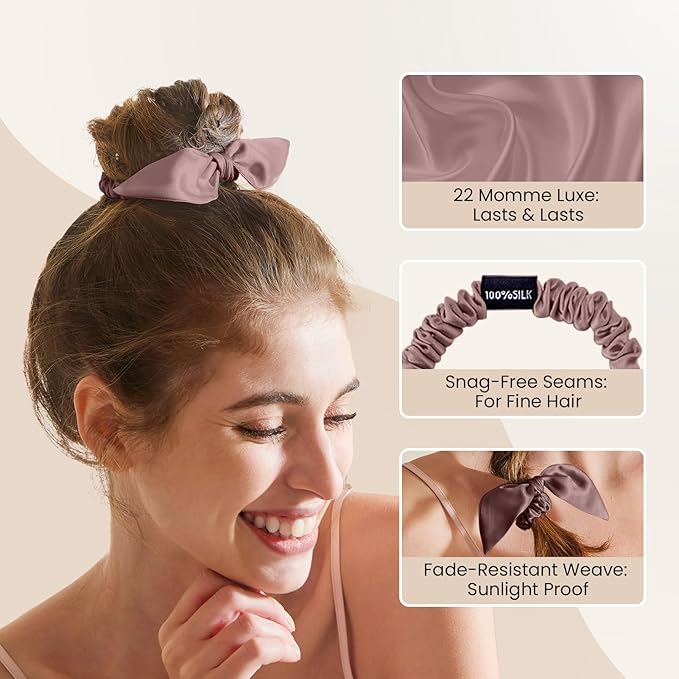 THXSILK 100% Mulberry Silk Bow Scrunchies 3-Pack, 22 Momme Mulberry Silk Hair Ties for Women, Cute Bunny Ear No Damage Ponytail Holders, Fashion Hair Accessories for Girls(S, Purple)
