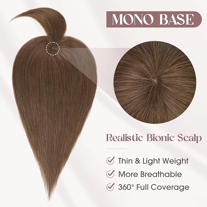MY-LADY Human Hair Toppers for Women Real Human Hair with Bangs Thin 8.5 * 8.5CM Mono Base Clip in Remy Hairpieces Light Weight 10 Inch Medium Brown