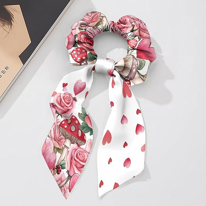 Heart Rose Mushroom Satin Hair Tie Thick Hair Valentine's Day Pack of 2 Knotted Bow Hair Scrunchies Elastic Hair Scarf Bow Scrunchy for Women