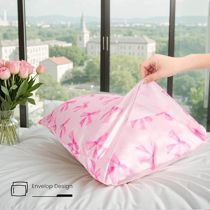 Pink Bow Satin Pillowcase for Hair & Skin Care, Queen Size Set of 2 - Luxurious Satin Pillow Cover with Envelope Closure(20x30 Inches)