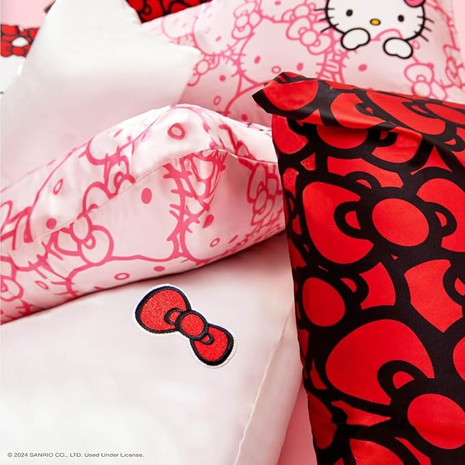 Kitsch x Hello Kitty Pillow Case – Sea of Bows Toddler Bed Time Satin Pillowcase with Zipper – Soft Cooling Pillow Cover for Hair & Skin – Better Than Silk Pillowcase – Queen/Standard 19x26