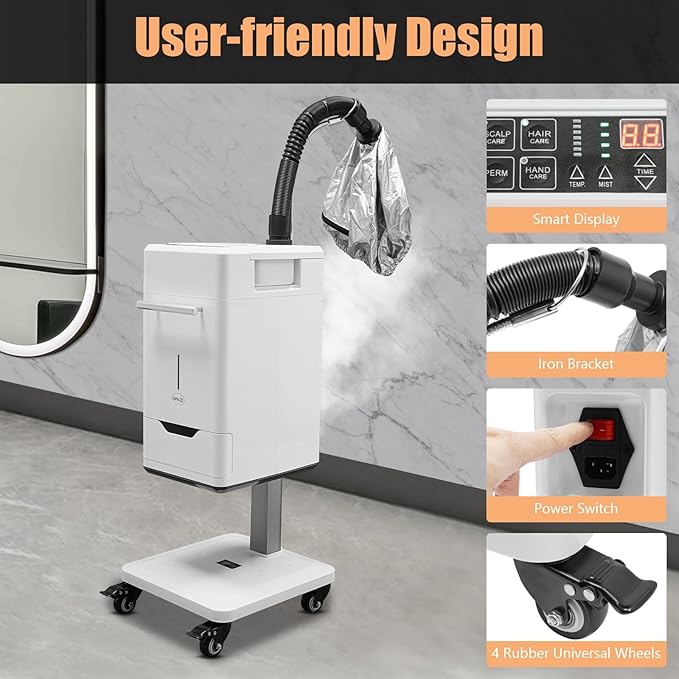 110V 500W Nano Hair Steamer, Electric Multifunctional Anion Hair Dyeing Machine, Hair Oil Machine with 2 Steamed HairHats & 4 Wheels, Stand Up Base Salon Spa Equipment