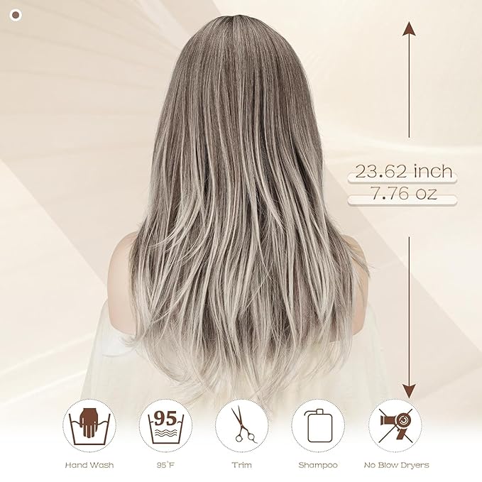 SOFEIYAN Long Straight Layered Wig with Bangs 24 Inch Synthetic Natural Hair Wig Soft Heat Resistant Long Wigs for Women Daily Party Use