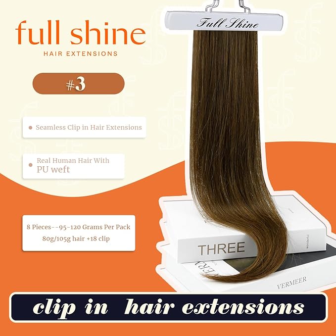 Full Shine Human Hair Clip in Extensions Brown Seamless Hair Extensions Clip in Medium Brown with PU Weft Real Human Hair Clip ins for Women 16 Inch 120 G 8 PCS