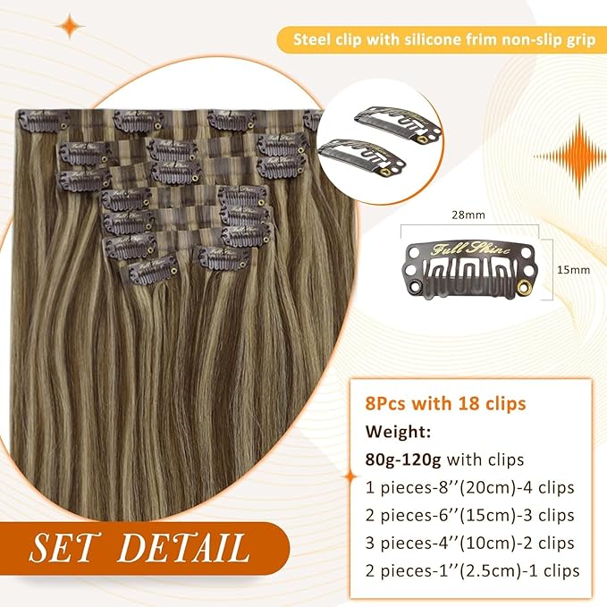 Full Shine Clip in Hair Extensions Dark Brown Human Hair Clip ins with Caramel Blonde Highlights Invisible Clip in Hair Extensions Human Hair 20 Inch PU Weft Add Volume 8 PCS 120 G