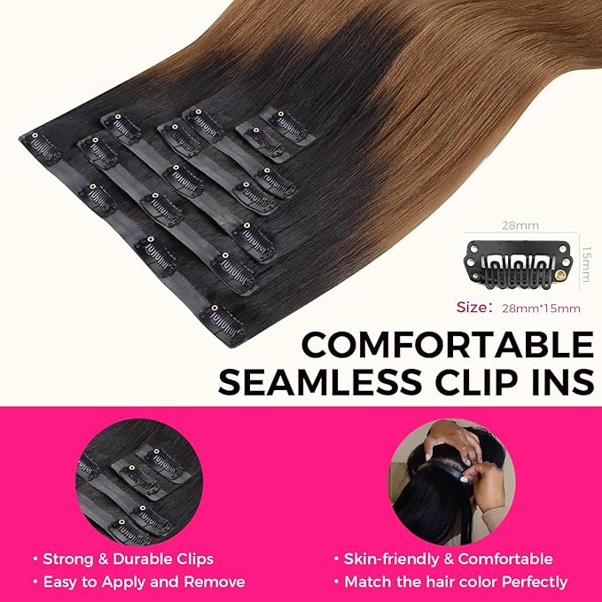 Lashey Seamless Clip in Hair Extensions Human Hair 110g 7pcs Light Yaki Straight Ombre Natural Black to Medium Auburn Clip in Hair Extensions with Invise Edge 22 Inch Remy Human Hair Extensions