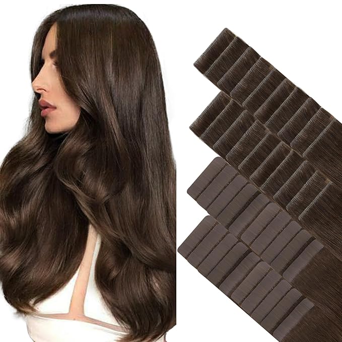GOO GOO Invisi Edge Tape in Hair Extensions Human Hair, 4A Chocolate Brown 20pcs injected with 20pcs classical tape ins, 16inch 100g, Virgin Remy Hair, Natural Look