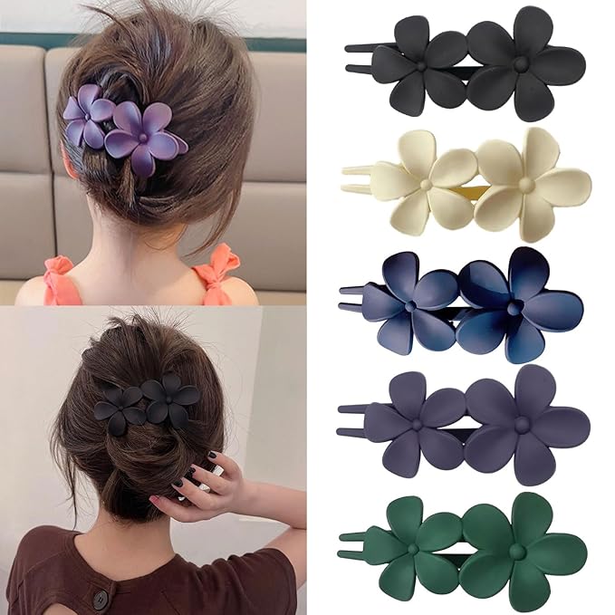 5Pcs Flower Flat Hair Clips for Women Matte Flat Hair Claw French Alligator Clips Non-Slip Cute Duck Billed Flat Claw Clips for Thick Hair for Girls, white,green,black,purple,blue