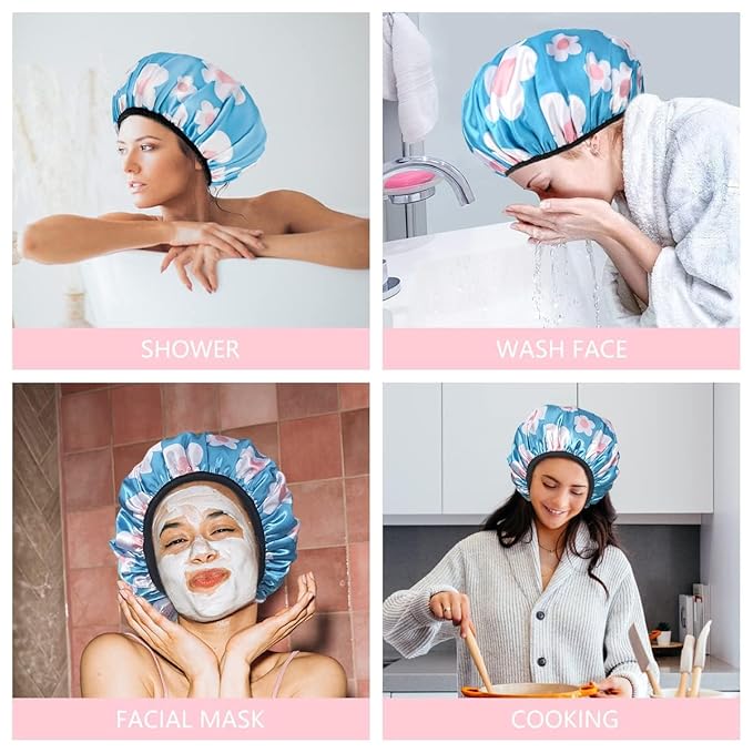 Aquior Shower Cap,Extra Large Triple Layer Bathing Cap with Dry Hair Function for Women Microfiber Terry Cloth Silky Satin 100% Waterproof Reusable Long Hair Bath Caps (Light Blue flora)