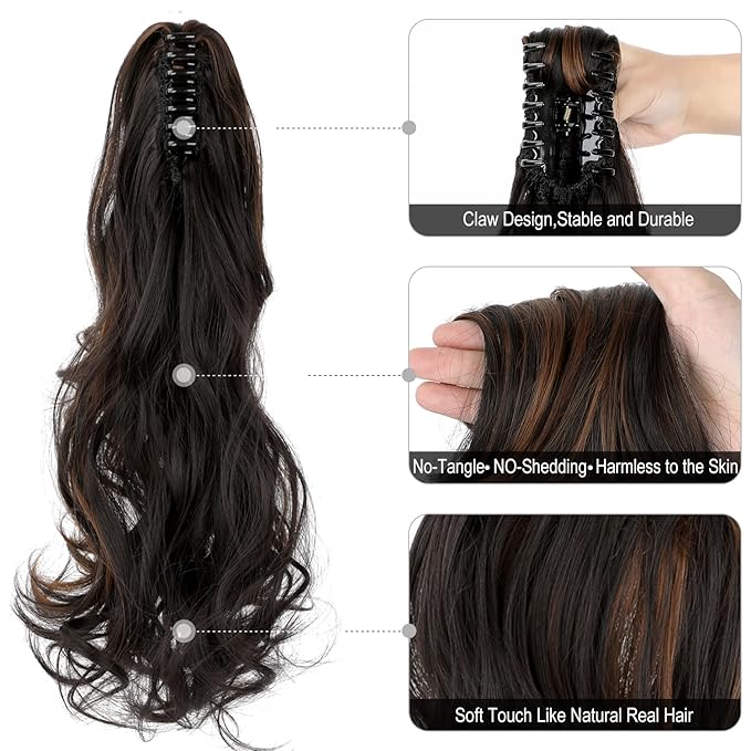Claw Clip Ponytail Extension 18" Clip in Wavy Ponytail Hair extensions Long Pony Tails for Women Extensions Dark Brown Mix Light Auburn Wave Hairpiece