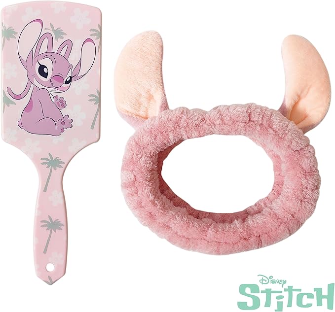 LUV HER Kids Disney Hair Brush & Spa Headband Set for Girls - Features Angel from Lilo and Stitch - Fun Grooming Kit for Detangling Styling - Soft & Stretchy One Size, Ages 3+