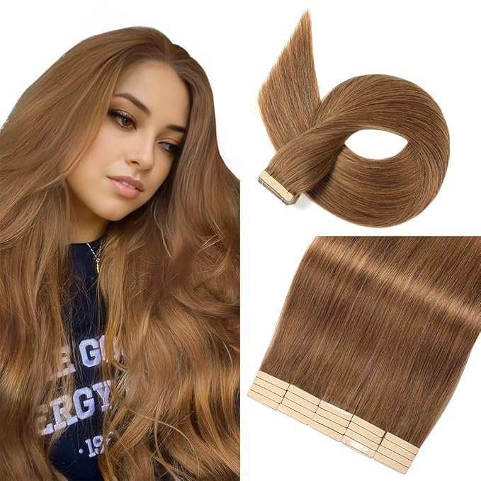 Tape in Hair Extensions Human Hair Tawny Brown 22 Inch 20Pcs Tape Ins for Women Straight Invisible Seamless Remy