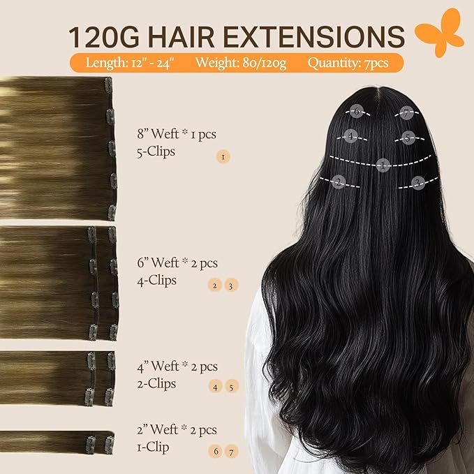 DOORES Human Hair Clip in Extensions, Dark Brown Fading to Light Brown and Ash Blonde 12 Inch 80g 7pcs, Clip in Hair Extensions Human Hair Silky Straight Natural Hair Extensions
