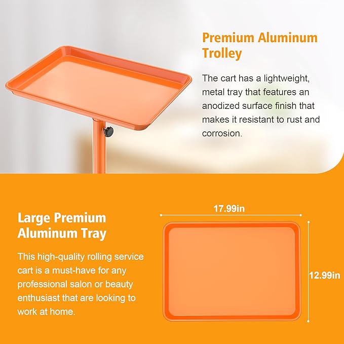 Salon Tray on Wheels - Premium Aluminum Tattoo Tray Rolling Trolley - Adjustable Salon Service Rolling Tray Hairdresser Cart with Clinic Spa Rolling Tray Wheels (Orange)