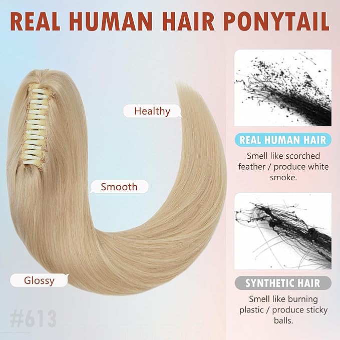 Hairro Claw Clip In Ponytails 100% Real Human Hair Ponytail Hair Extensions Jaw On Ponytail Extensions Jaw/Claw Clips Pony Tail Hairpieces For Women 14 Inch 105g #613 Light Blonde