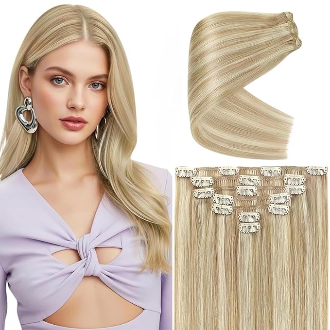 Ve Sunny Hair Extensions Clip ins Double Weft Real Hair Extensions Clip in Human Hair Highlight Blonde Clip in Hair Extensions for Women 20inch 120g