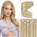 Ve Sunny Human Hair Clip in Hair Extensions Highlights Hair Extensions Real Human Hair Clip ins Caramel Blonde with Platinum Blonde Clip in Hair Extensions Human Hair 14 Inch 7pcs 100g
