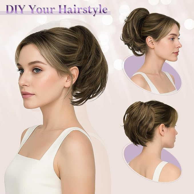 RUWISS Claw Clip Short Human Hair Ponytail Extension with Bendable Metals for DIY Styles, Straight Messy Bun Hair Piece for Women Thick Hairpieces for Daily Wear, 9 Inch Brown Black