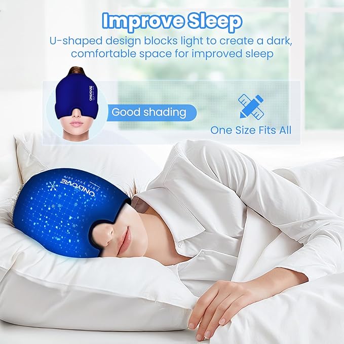 ONLYCARE Migraine Relief Cap, Upgraded Odorless Headache Relief Cap Mask Products, 360° Gel Surround Cooling Ice Pack Mask Head Wrap for Tension, Migraine, Sinus, Stress, Headaches, Hangover, Blue