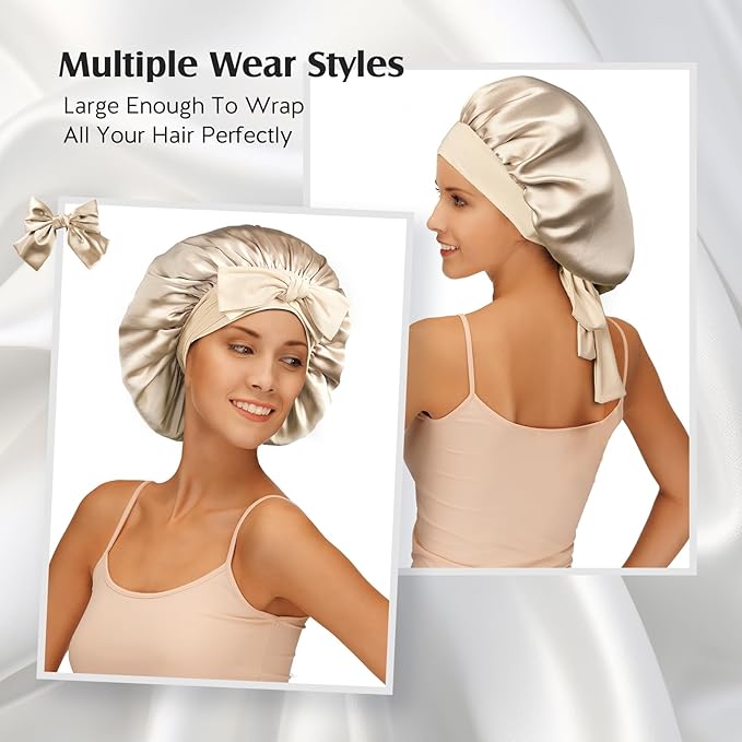 YFONG 100% 22 Momme Mulberry Silk Bonnet for Sleeping Women, Larger Double Layer Silk Hair Wrap for Curly Short Long Hair, Non-Slip Sleep Cap Turban with Elastic Tie Band for Hair Care, Champagne