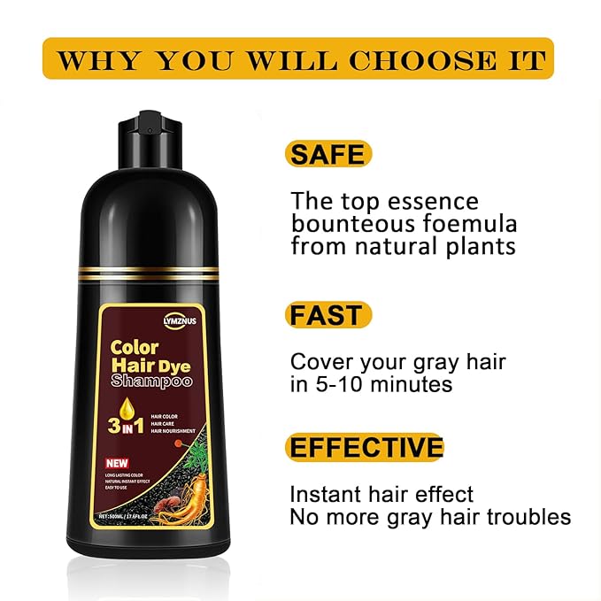 Dark Brown Hair Dye Shampoo 3 in 1 for Gray Hair, Instant Brown Hair Color Shampoo for Men & Women, Herbal Hair Dye Shampoo for 100% Gray Coverage in Minutes 500ml