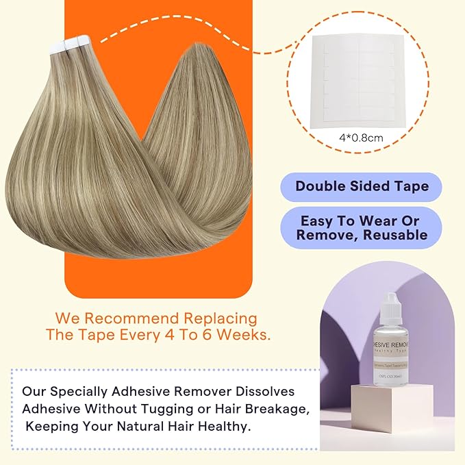 Full Shine Tape in Hair Extensions Human Hair 18 Inch Color 16 Highlight 22 Blonde Invisible Tape in Extensions 50 Grams Human Hair Extensions Tape Ins 20 Pieces for Wedding