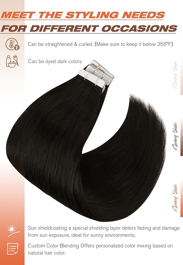 Sunny Hair Tape in Hair Extensions Human Hair 26 Inch Natural Black Tape in Extensions Real Human Hair Extensions for Women 20Pcs 50G