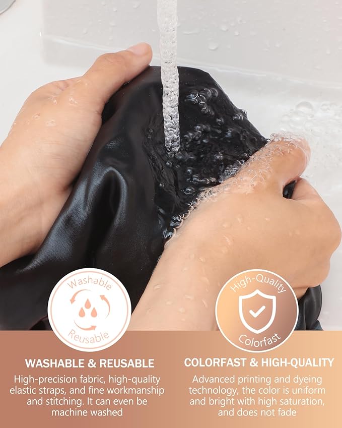mikimini Large Shower Cap for Women Long Hair, Black, Reusable Waterproof Double Layers XL Washable Colorfast Odorless High-Quality Shower Cap for Men with Vibrant Orange Edge
