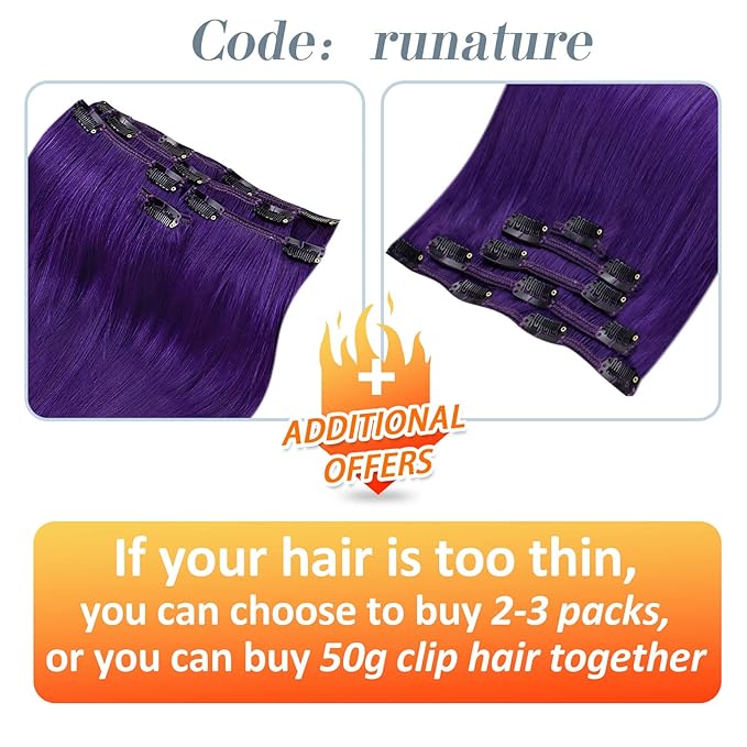 RUNATURE Purple Clip in Hair Extensions Human Hair 20 Inch Straight Clip in Purple Hair Extensions Colorful Human Hair, Easy to Install 70g 5pcs