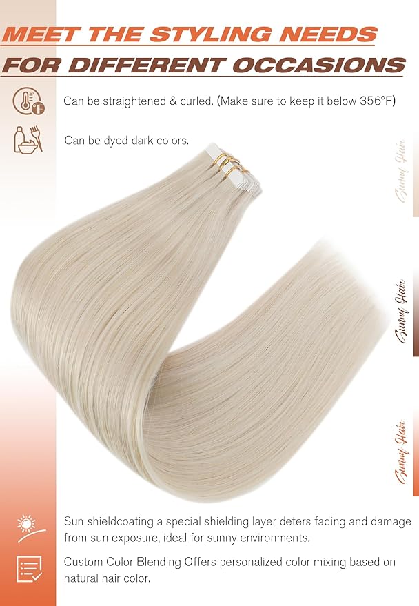 Sunny Hair Tape in Hair Extensions Human Hair 24inch Hair Extensions Real Human Hair Tape in Extensions for Women Platinum Blonde Invisible Natural Straight Skin Weft Double Sided Tape 40pcs 100g