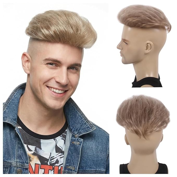 H&Bwig Men Short Toppers Hairpiece Clip in Hair Extensions for Covering White Loss Hair Toupee (Blonde6060#8-26-613)