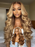 YIROO Pre Everything Wig Honey Blonde 13X4 Pre Cut Lace Front Glueless Human Hair Wigs Body Wave Brown Blonde Highlight Ombre Pre Bleached Invisible Bye Bye Knots Wig Pre Plucked 150% Density 26Inch
