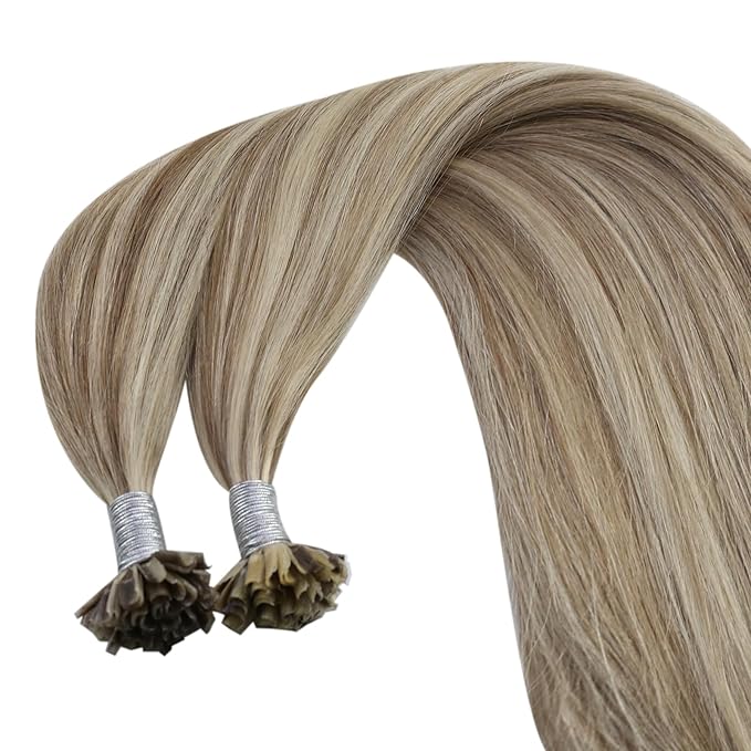 YoungSee U Tips Hair Extensions Real Human Hair Brown to Blonde Pre Bonded Utip Hair Extensions Light Brown Highlight Blonde Human Hair K Tips Extension Highlight for Short Straight Hair 14In 50s/50g