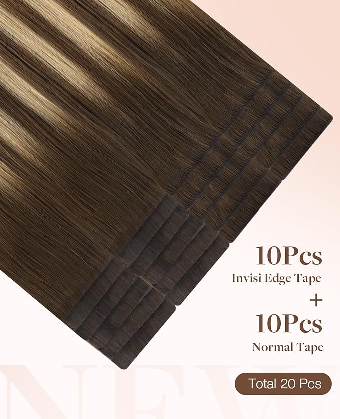 GOO GOO Invisi Edge Tape in Hair Extensions Human Hair, 4/18 Balayage Chocolate Brown Highlighted Dirty Blonde 10pcs injected with 10pcs classical tape ins, 24inch 50g, Virgin Remy Hair, Natural Look