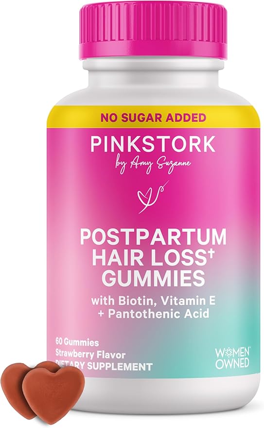 Pink Stork Postpartum Hair Loss Gummies | Biotin, Pantothenic Acid, Vitamin E, B6, B12 | Postnatal Hair Growth + Regrowth Support | Breastfeeding-Friendly | Postpartum Essentials | 60 Gummies