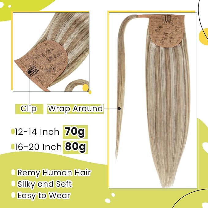 RUNATURE Ponytail Extension Real Human Hair, Natural Remy Hair Ponytail, One Piece Hair Extensions Ponytail, Easy to Install, Daily Wearing, 18 Inch 80g #8P60 Light Brown Highlight Platinum Blonde